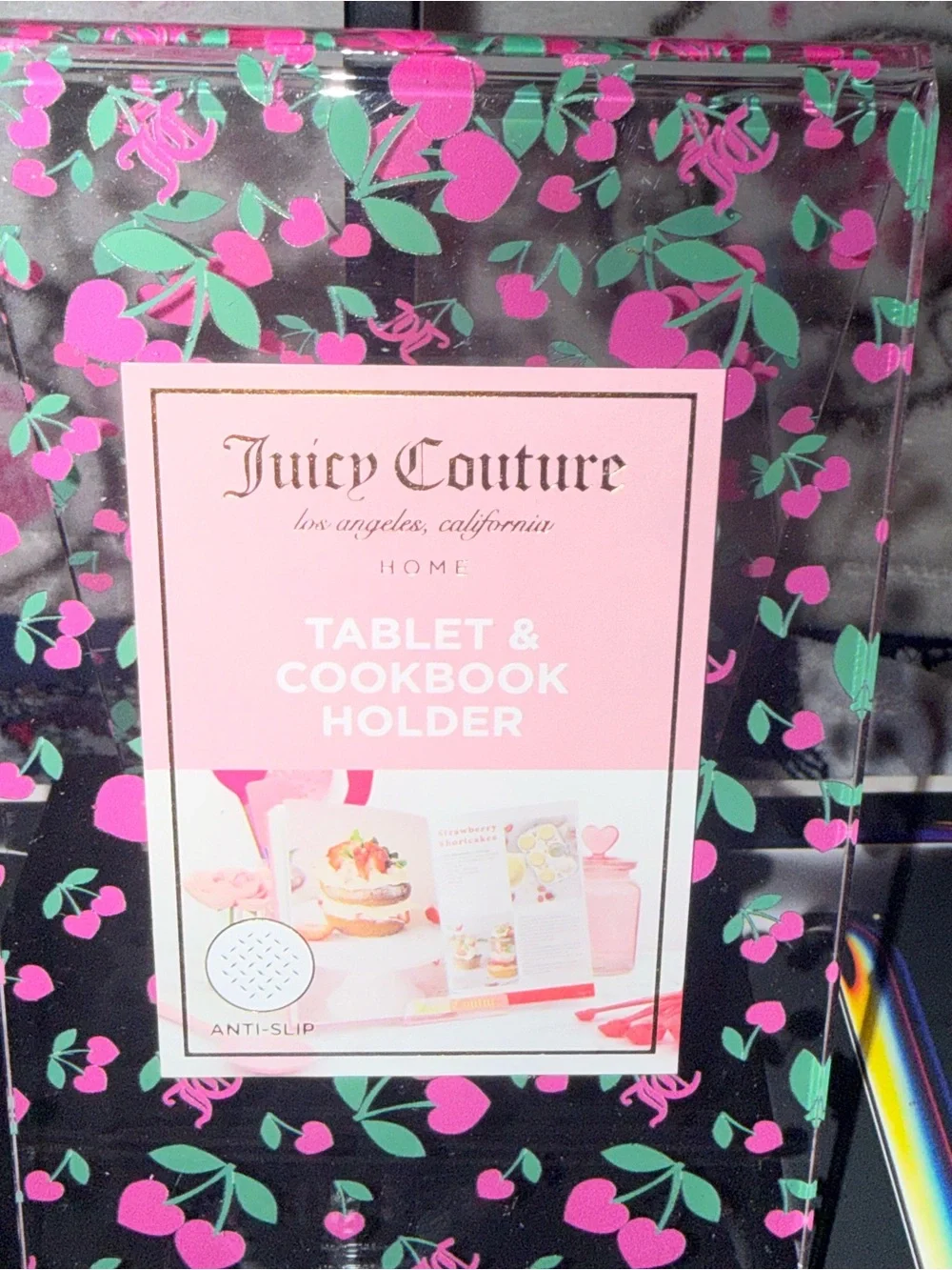 Juicy Couture Home Pink Cherry Tablet & Cookbook Holder Acrylic Recipe Stand